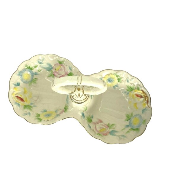 Vintage Double Trinket Tray  Olive Bowl Handle Porcelain Hand Painted Japan u - Picture 4 of 9